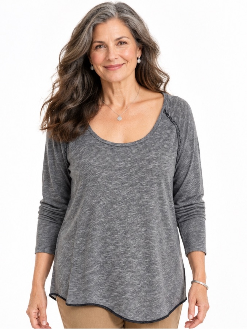 Soft Surroundings Gray V Neck Hi Low Raw Edge Long Sleeve Top Large